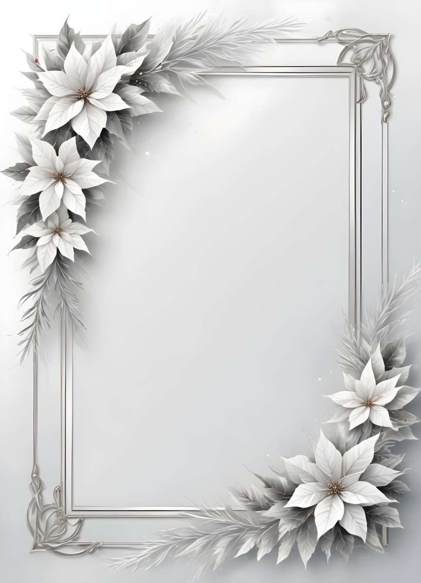Digital Painting A White And Silver Winter Frame With Decorative Floral Elements Including Poinsettia Flowers And Pine Branches Against A Light Background Bold And Slim Lines Brush Strokes 87 8b8a