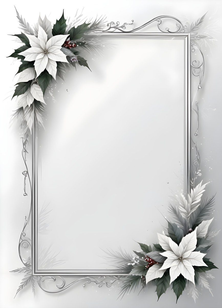 Digital Painting A White And Silver Winter Frame With Decorative Floral Elements Including Poinsettia Flowers And Pine Branches Against A Light Background Bold And Slim Lines Brush Strokes 88 0d33