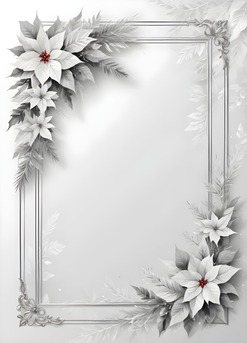 Digital Painting A White And Silver Winter Frame With Decorative Floral Elements Including Poinsettia Flowers And Pine Branches Against A Light Background Bold And Slim Lines Brush Strokes 89 E3c2