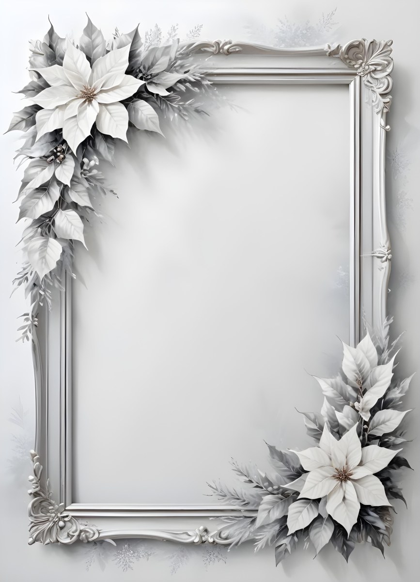 Digital Painting A White And Silver Winter Frame With Decorative Floral Elements Including Poinsettia Flowers And Pine Branches Against A Light Background Bold And Slim Lines Brush Strokes 9 4969