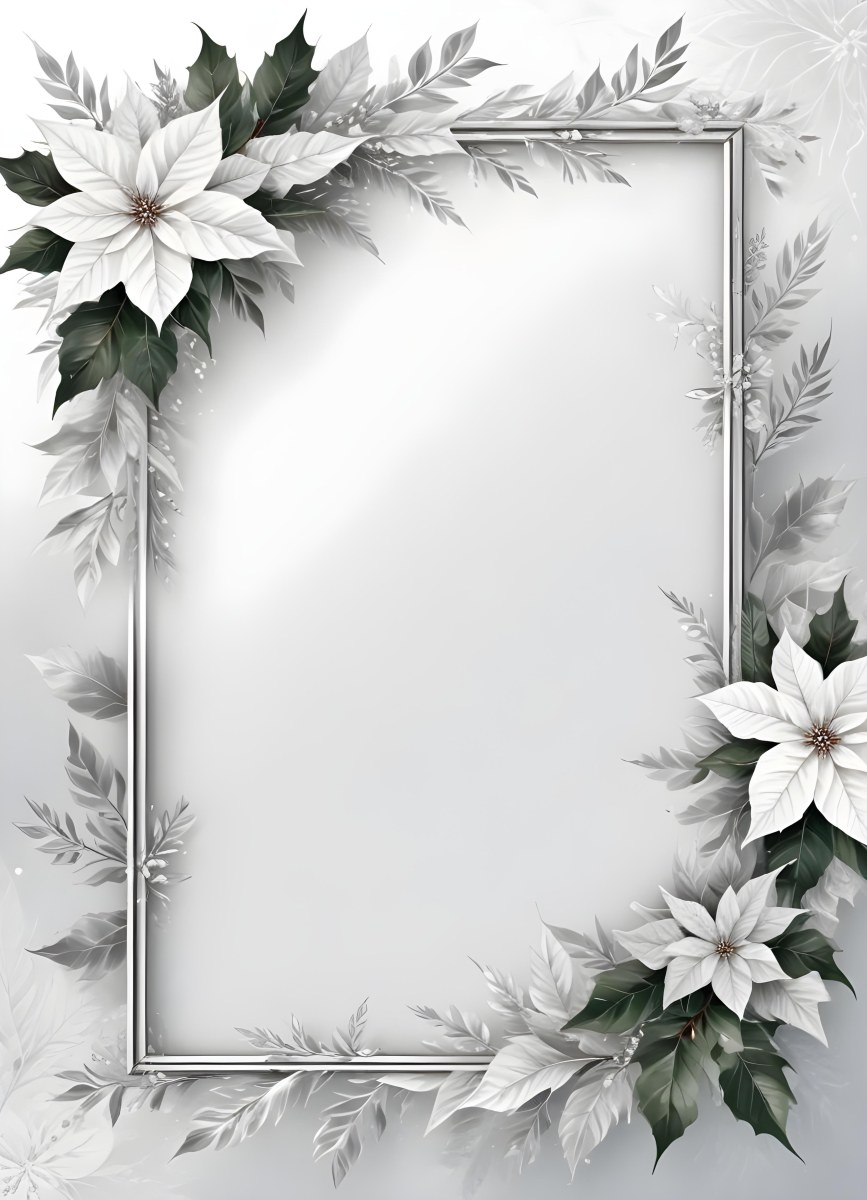 Digital Painting A White And Silver Winter Frame With Decorative Floral Elements Including Poinsettia Flowers And Pine Branches Against A Light Background Bold And Slim Lines Brush Strokes 90 Ec26