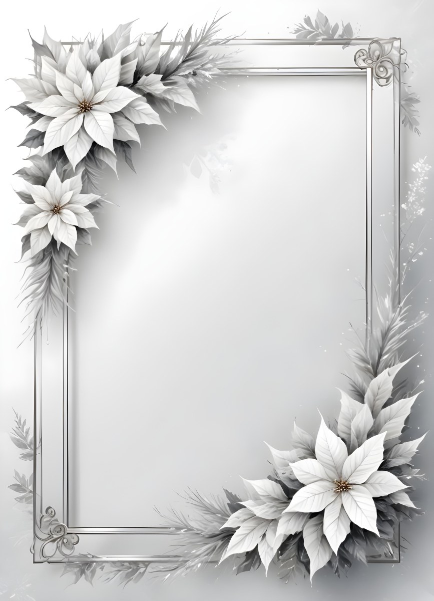 Digital Painting A White And Silver Winter Frame With Decorative Floral Elements Including Poinsettia Flowers And Pine Branches Against A Light Background Bold And Slim Lines Brush Strokes 91 877f