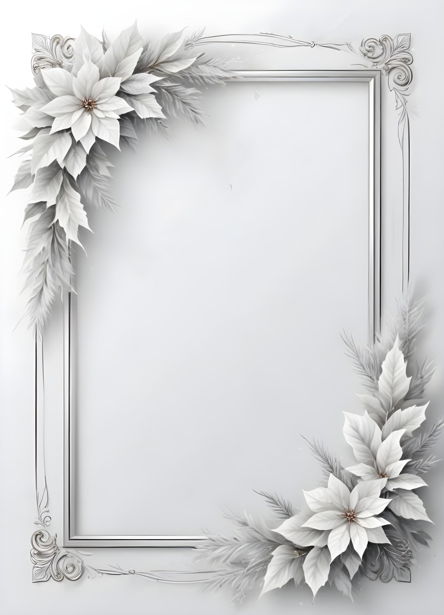 Digital Painting A White And Silver Winter Frame With Decorative Floral Elements Including Poinsettia Flowers And Pine Branches Against A Light Background Bold And Slim Lines Brush Strokes 92 B451
