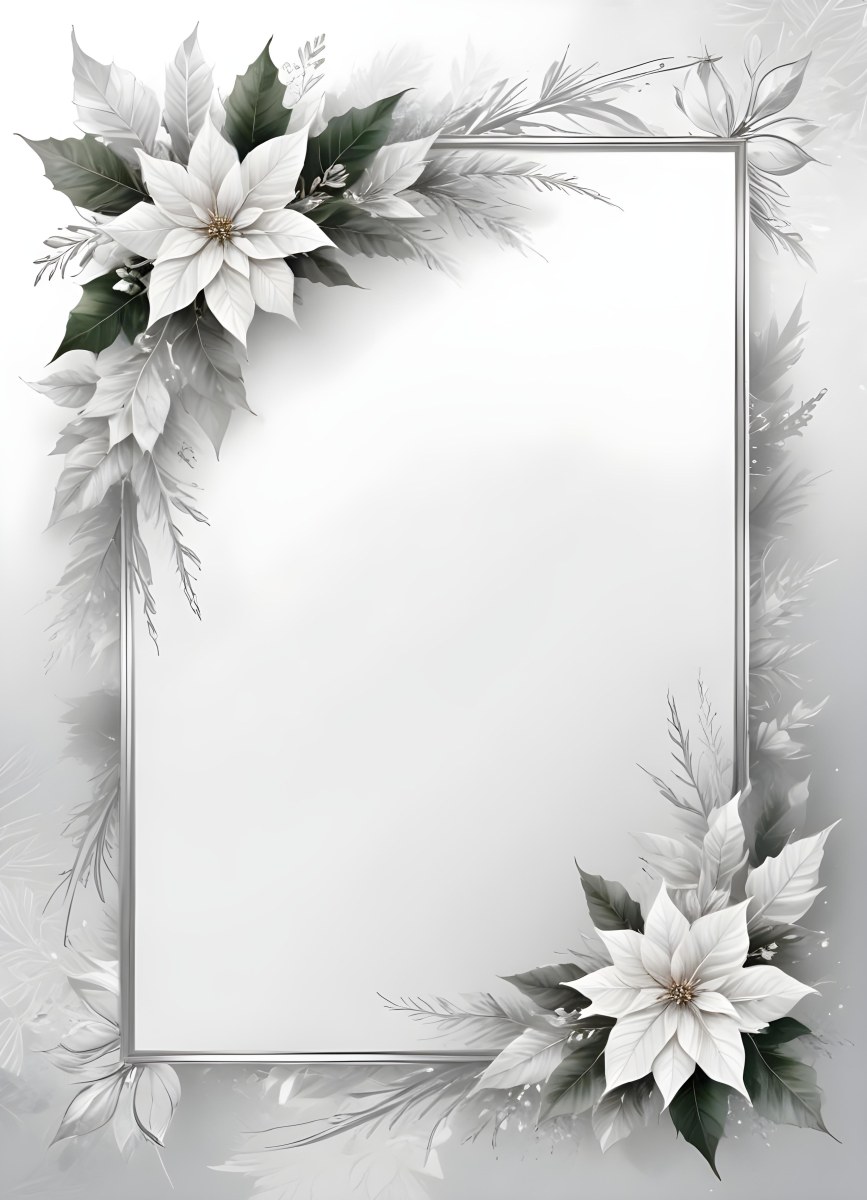 Digital Painting A White And Silver Winter Frame With Decorative Floral Elements Including Poinsettia Flowers And Pine Branches Against A Light Background Bold And Slim Lines Brush Strokes 93 9079