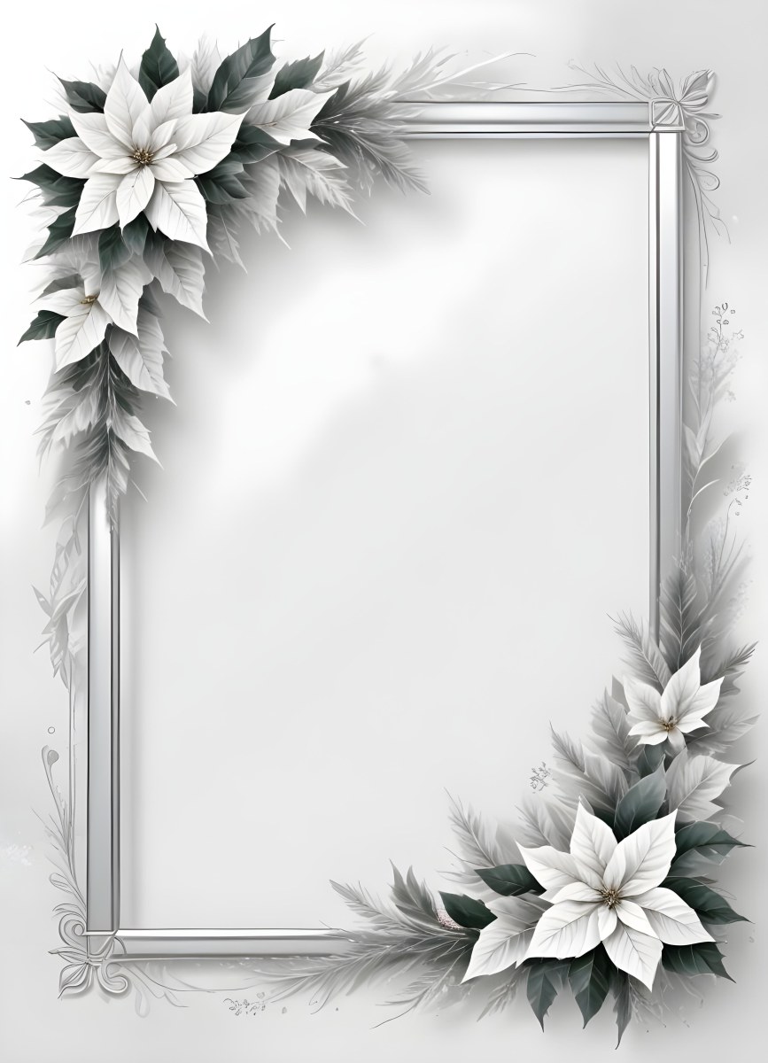 Digital Painting A White And Silver Winter Frame With Decorative Floral Elements Including Poinsettia Flowers And Pine Branches Against A Light Background Bold And Slim Lines Brush Strokes 94 2b51