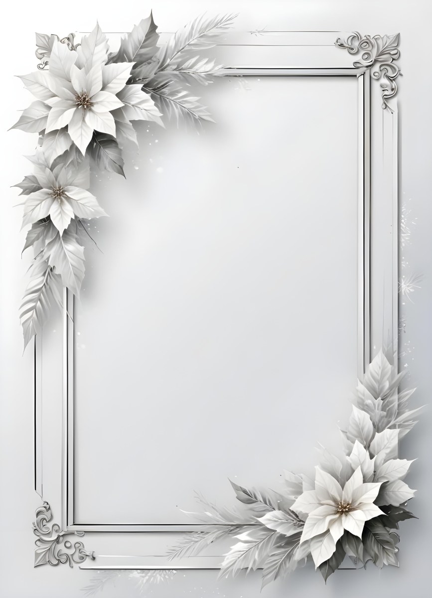 Digital Painting A White And Silver Winter Frame With Decorative Floral Elements Including Poinsettia Flowers And Pine Branches Against A Light Background Bold And Slim Lines Brush Strokes 95 F4cf
