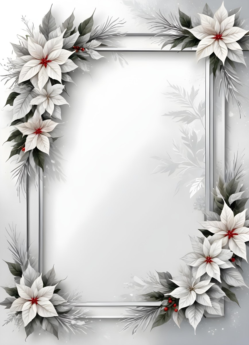 Digital Painting A White And Silver Winter Frame With Decorative Floral Elements Including Poinsettia Flowers And Pine Branches Against A Light Background Bold And Slim Lines Brush Strokes 96 7e69