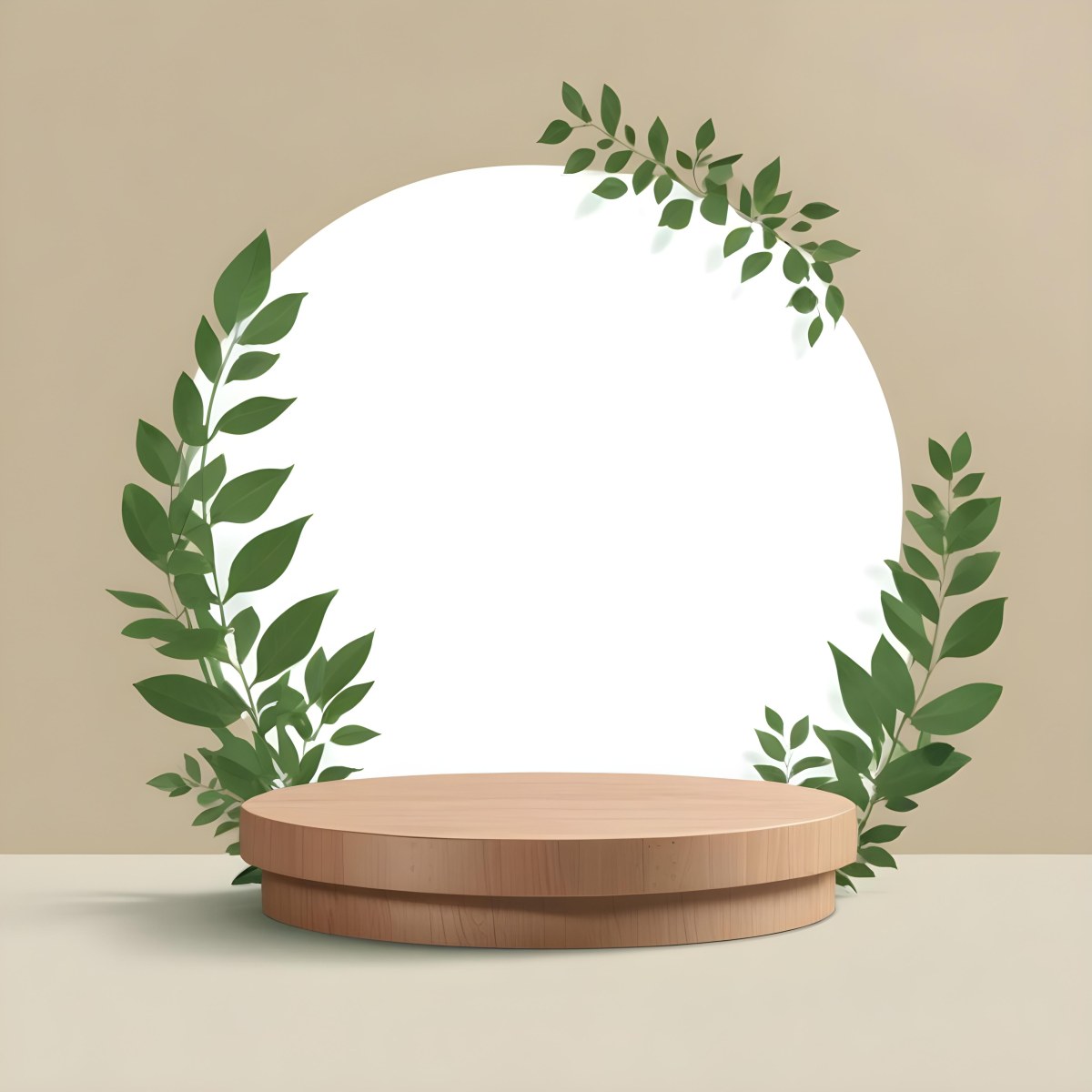 Digital Painting A Wooden Podium With Green Leaves Around A Green Circle In A Green Background With Shadows Of Leaves Bold And Slim Lines Brush Strokes 12 D667