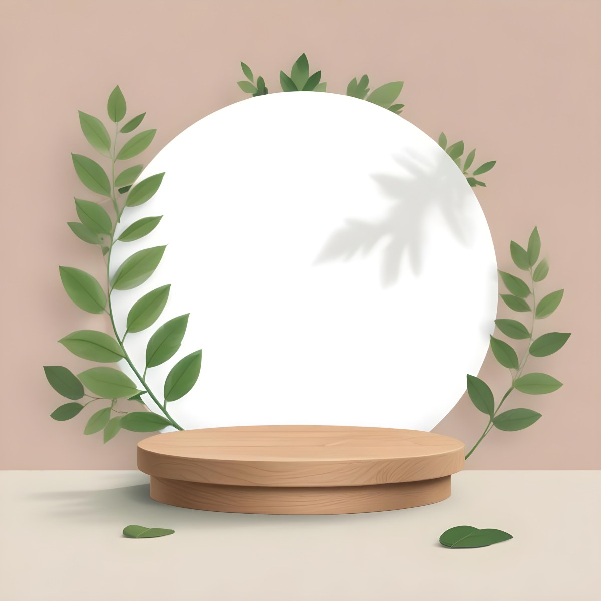 Digital Painting A Wooden Podium With Green Leaves Around A Green Circle In A Green Background With Shadows Of Leaves Bold And Slim Lines Brush Strokes 13 7241