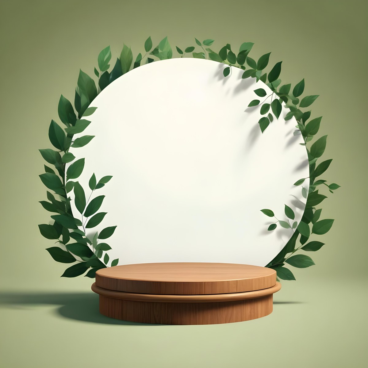 Digital Painting A Wooden Podium With Green Leaves Around A Green Circle In A Green Background With Shadows Of Leaves Bold And Slim Lines Brush Strokes 18 C40d