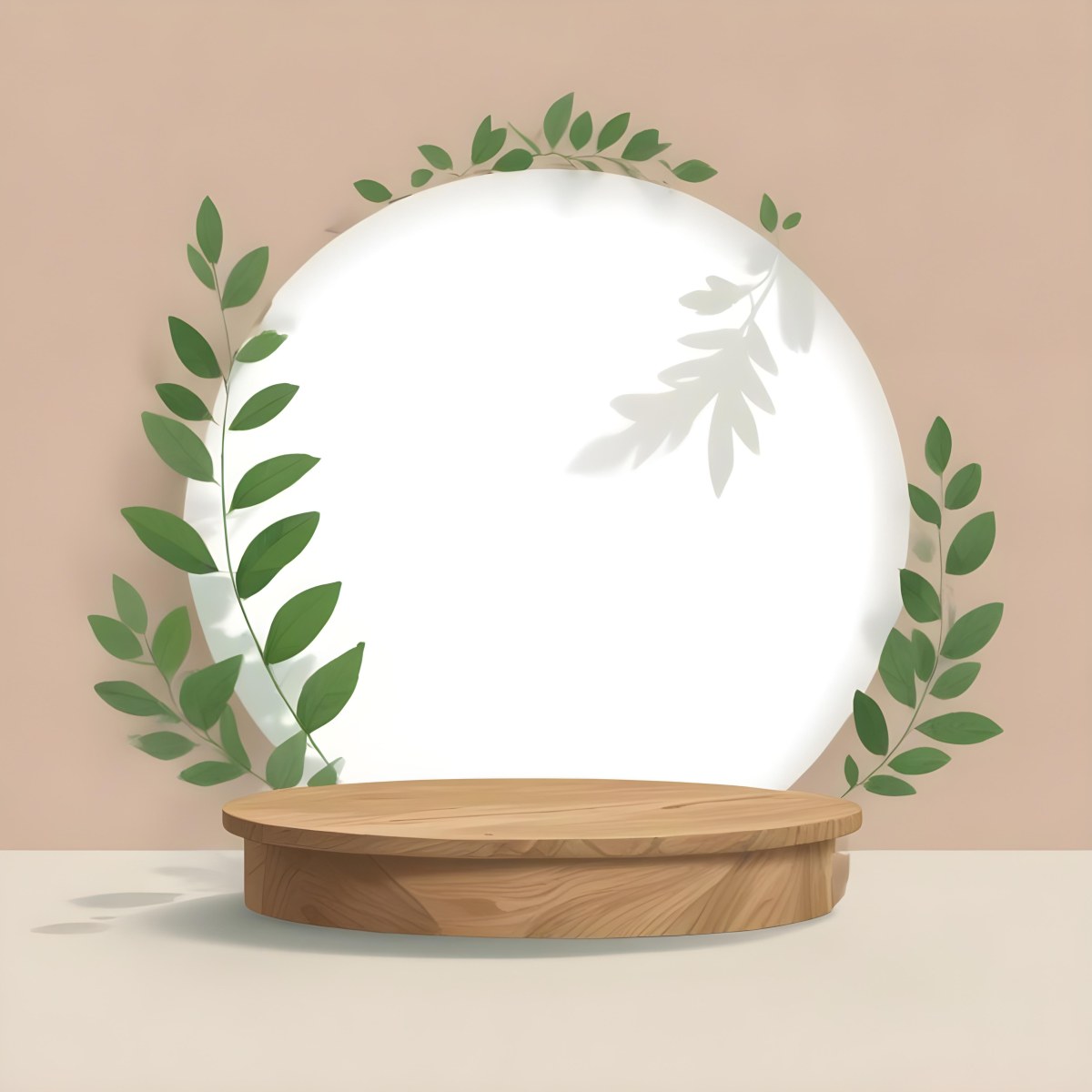 Digital Painting A Wooden Podium With Green Leaves Around A Green Circle In A Green Background With Shadows Of Leaves Bold And Slim Lines Brush Strokes 2 81eb