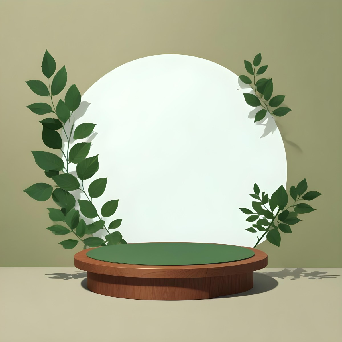 Digital Painting A Wooden Podium With Green Leaves Around A Green Circle In A Green Background With Shadows Of Leaves Bold And Slim Lines Brush Strokes 20 C0ad