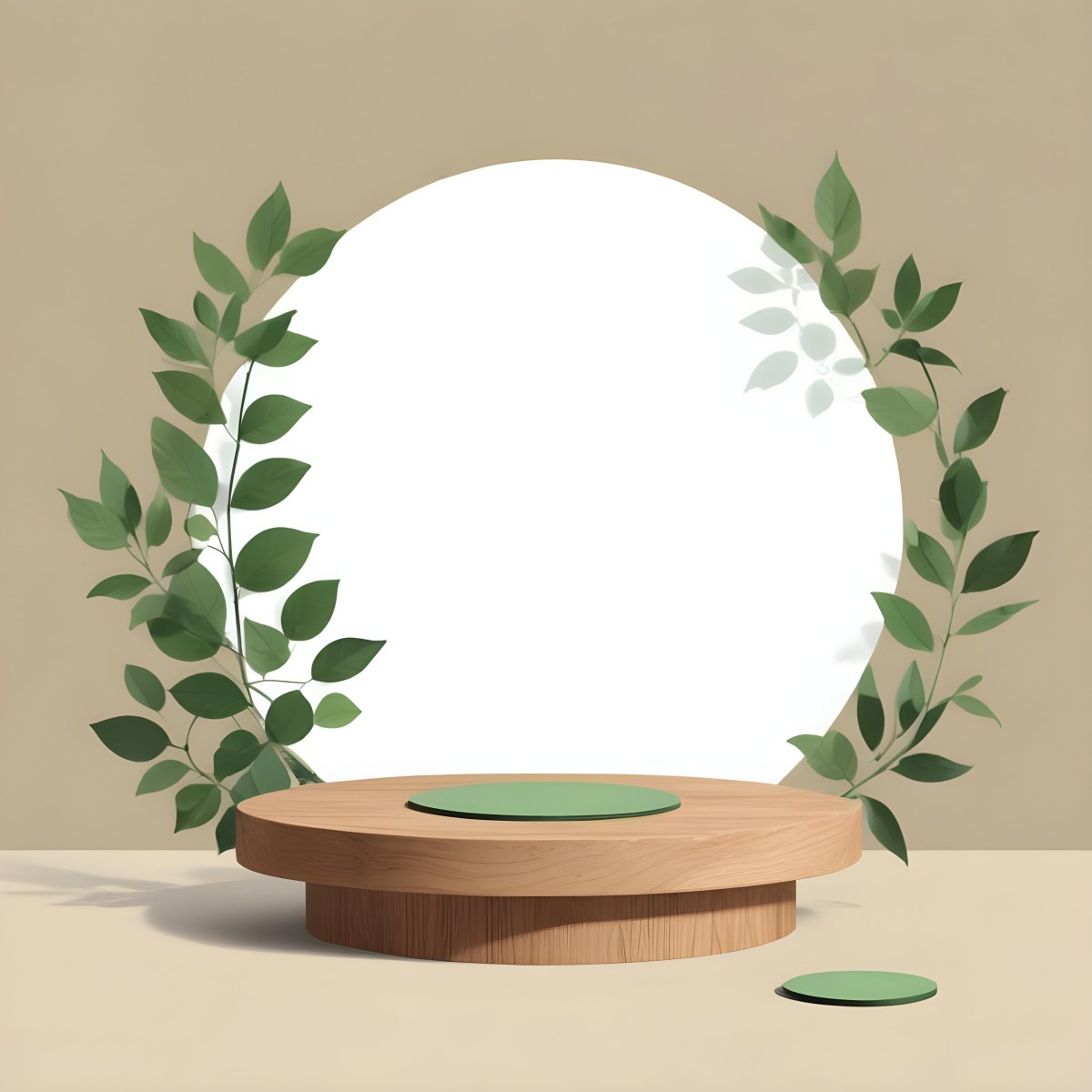 Digital Painting A Wooden Podium With Green Leaves Around A Green Circle In A Green Background With Shadows Of Leaves Bold And Slim Lines Brush Strokes 21 4584