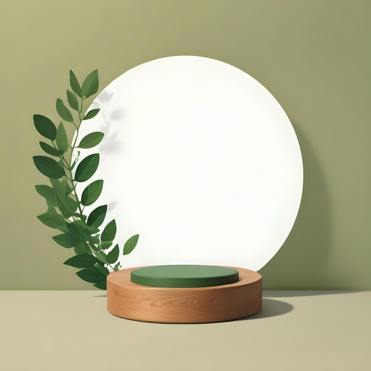 Digital Painting A Wooden Podium With Green Leaves Around A Green Circle In A Green Background With Shadows Of Leaves Bold And Slim Lines Brush Strokes 22 E937