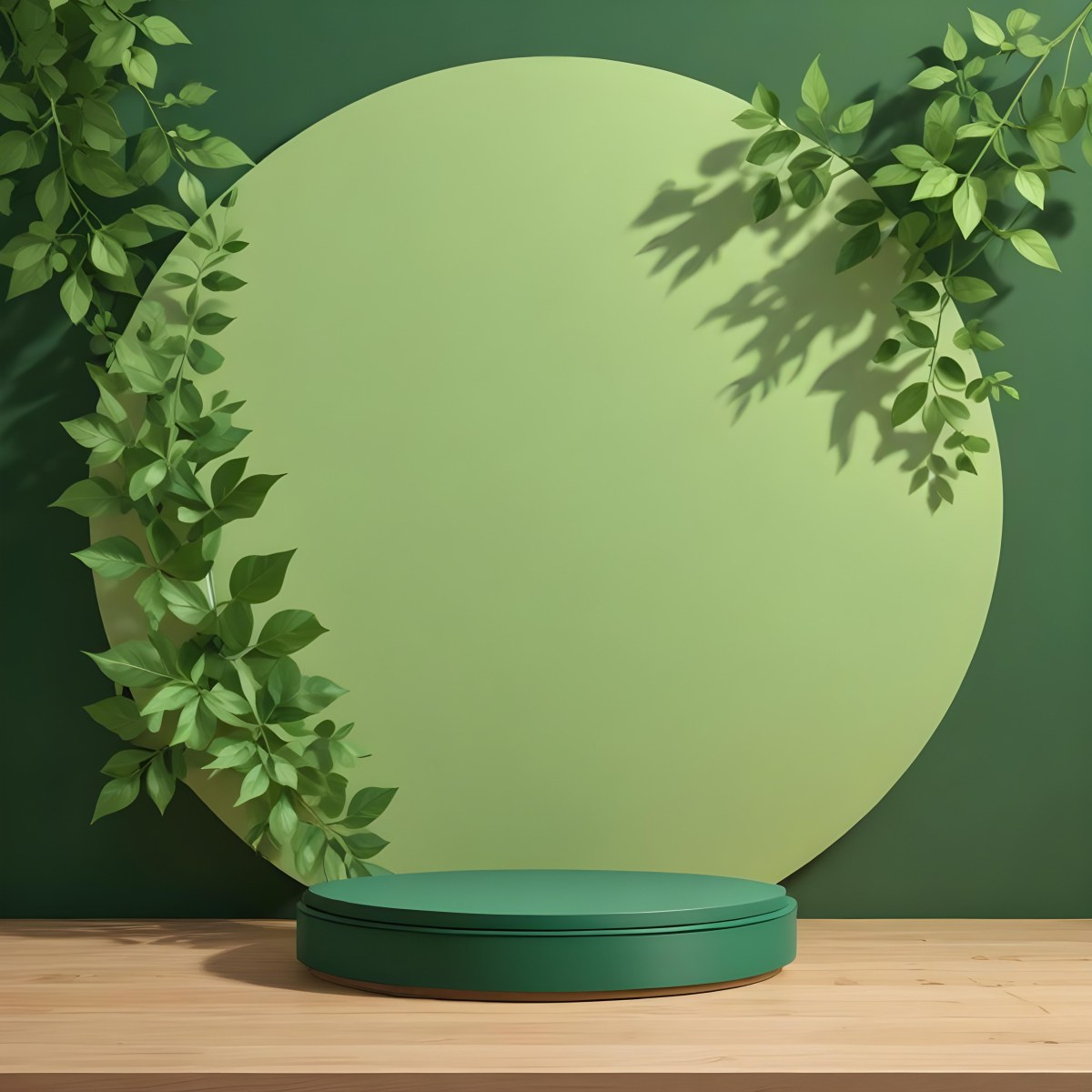 Digital Painting A Wooden Podium With Green Leaves Around A Green Circle In A Green Background With Shadows Of Leaves Bold And Slim Lines Brush Strokes 24 05ef