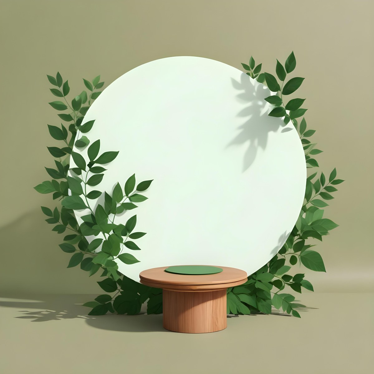 Digital Painting A Wooden Podium With Green Leaves Around A Green Circle In A Green Background With Shadows Of Leaves Bold And Slim Lines Brush Strokes 3 Db01