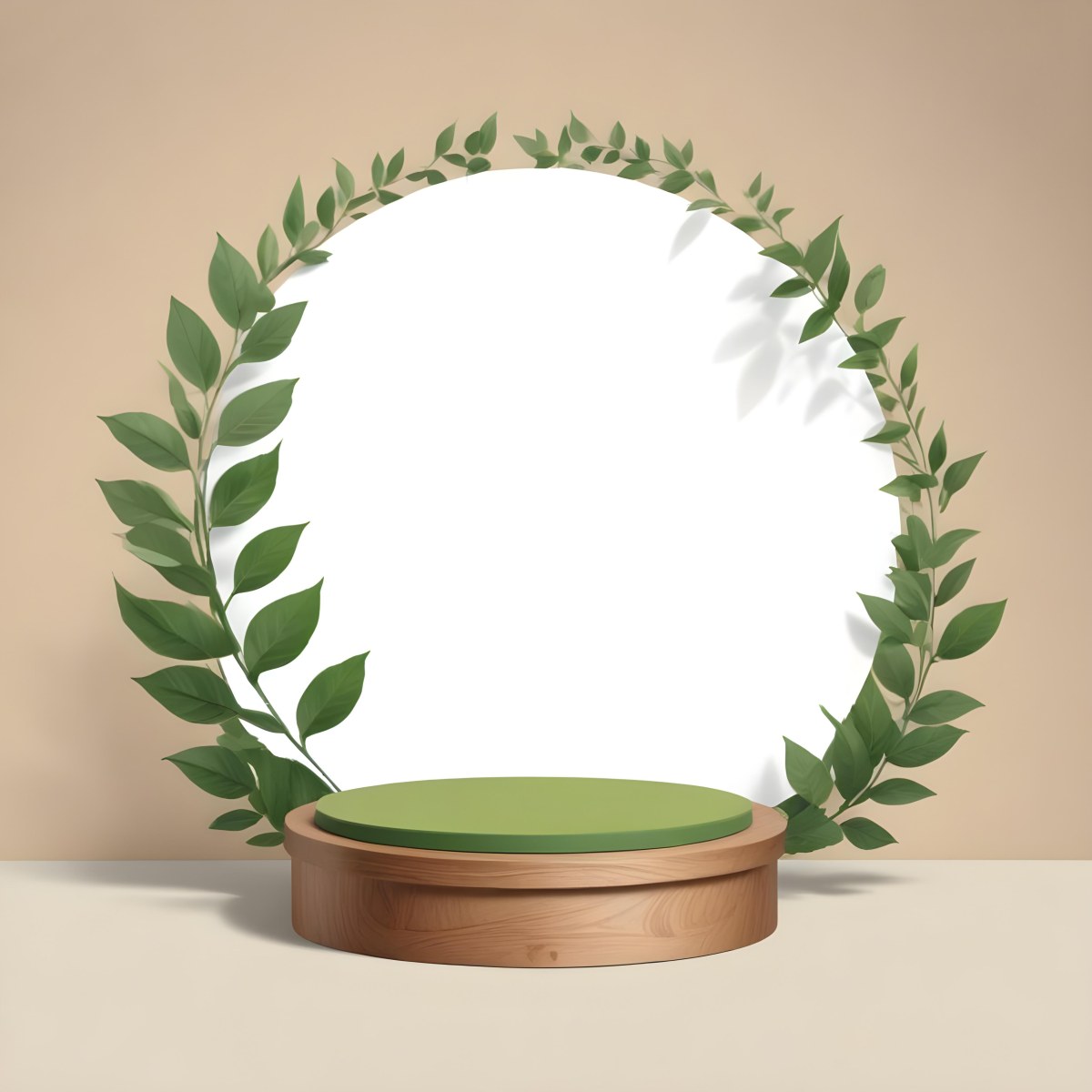 Digital Painting A Wooden Podium With Green Leaves Around A Green Circle In A Green Background With Shadows Of Leaves Bold And Slim Lines Brush Strokes 4 Cdca
