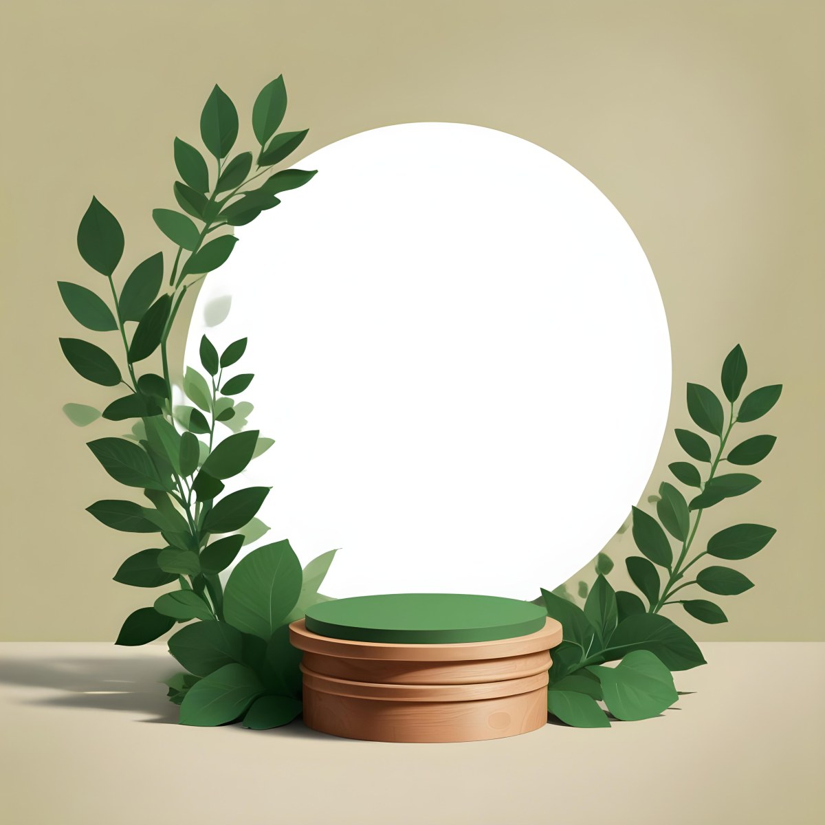 Digital Painting A Wooden Podium With Green Leaves Around A Green Circle In A Green Background With Shadows Of Leaves Bold And Slim Lines Brush Strokes 6 F56e