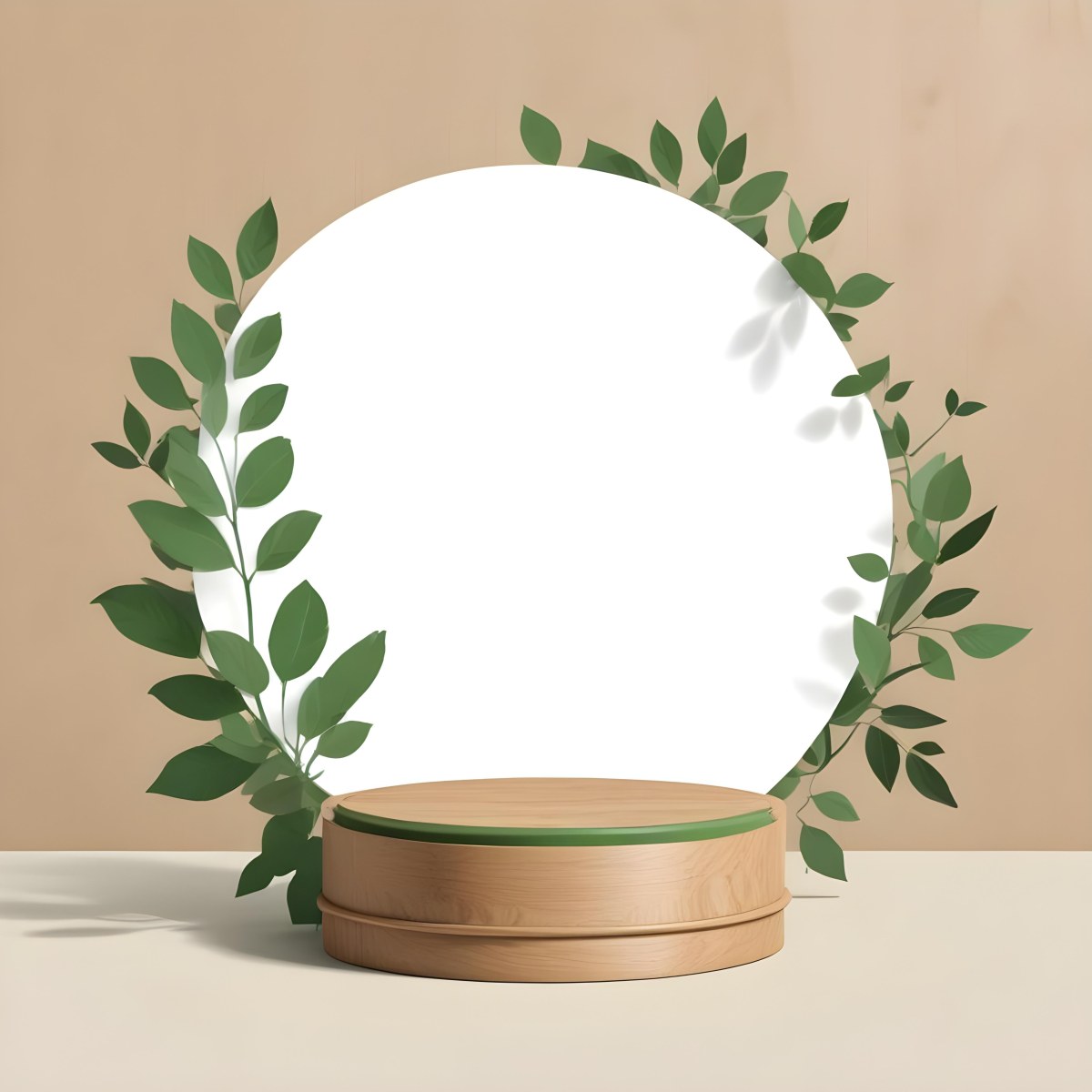 Digital Painting A Wooden Podium With Green Leaves Around A Green Circle In A Green Background With Shadows Of Leaves Bold And Slim Lines Brush Strokes 7 7841