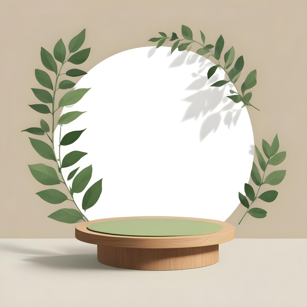 Digital Painting A Wooden Podium With Green Leaves Around A Green Circle In A Green Background With Shadows Of Leaves Bold And Slim Lines Brush Strokes 8 377f