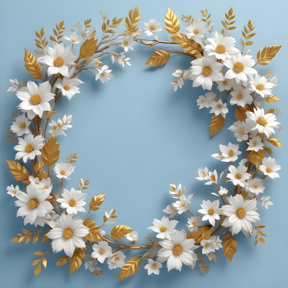 Digital Painting A Wreath Of White Flowers With Golden Leaves On A Light Blue Background Bold And Slim Lines Brush Strokes 5 16dd
