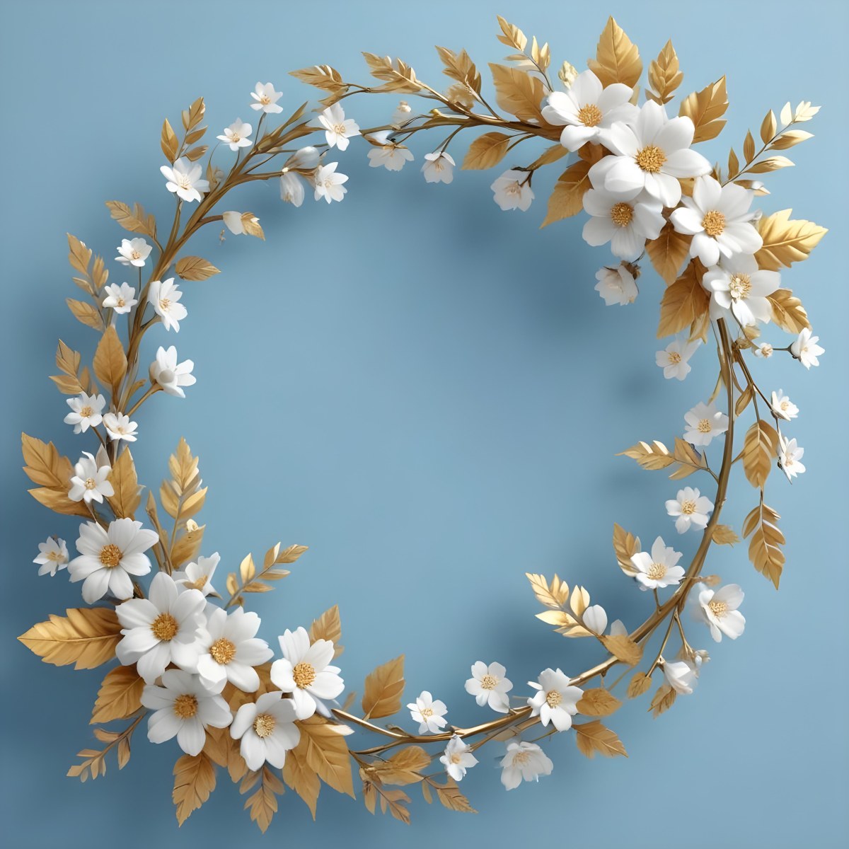 Digital Painting A Wreath Of White Flowers With Golden Leaves On A Light Blue Background Bold And Slim Lines Brush Strokes 6 E92a
