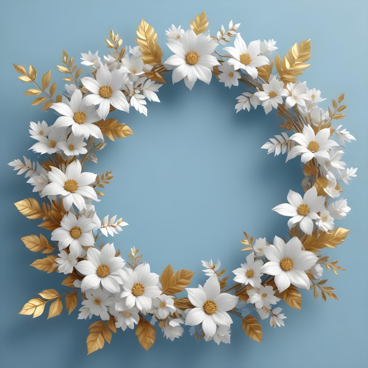 Digital Painting A Wreath Of White Flowers With Golden Leaves On A Light Blue Background Bold And Slim Lines Brush Strokes 8 Bae0