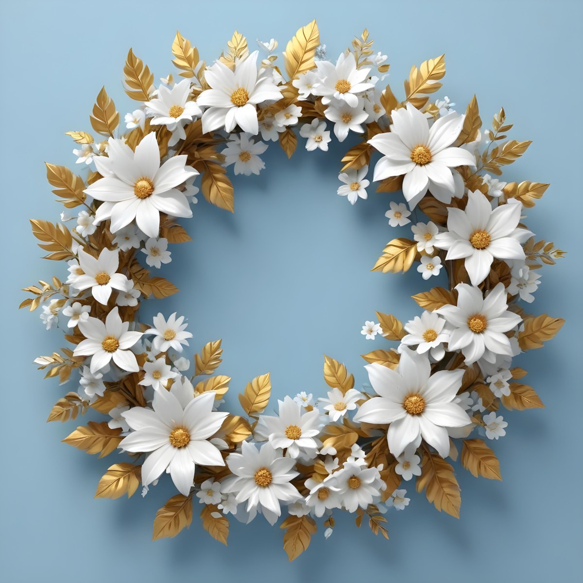 Digital Painting A Wreath Of White Flowers With Golden Leaves On A Light Blue Background Bold And Slim Lines Brush Strokes 9 917c