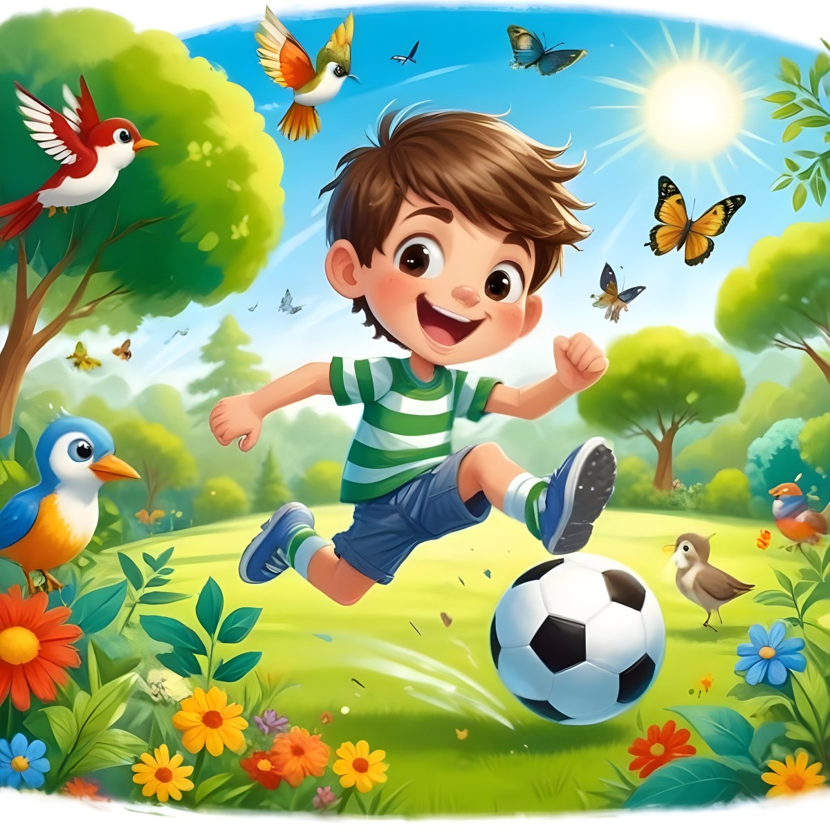 Digital Painting A Young Boy Around 6 Years Old With Light Skin And Brown Hair Wearing A Green And White Striped Shirt And Shorts Joyfully Running While Kicking A Black And White Soccer Ball The Ba 64 8881
