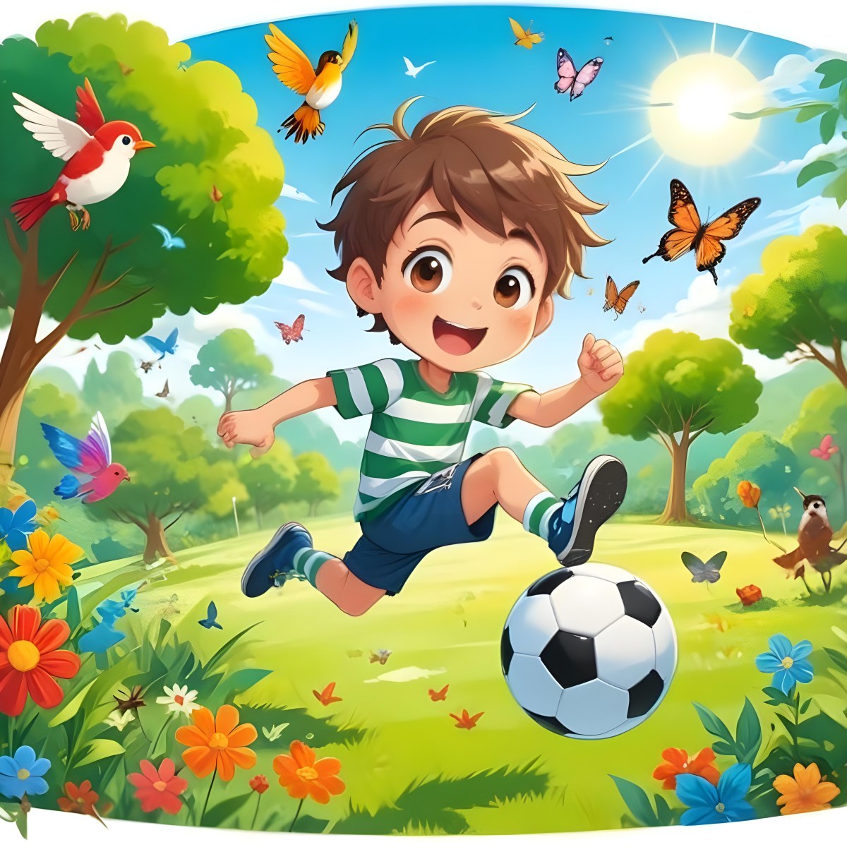 Digital Painting A Young Boy Around 6 Years Old With Light Skin And Brown Hair Wearing A Green And White Striped Shirt And Shorts Joyfully Running While Kicking A Black And White Soccer Ball The Ba 65 D56d