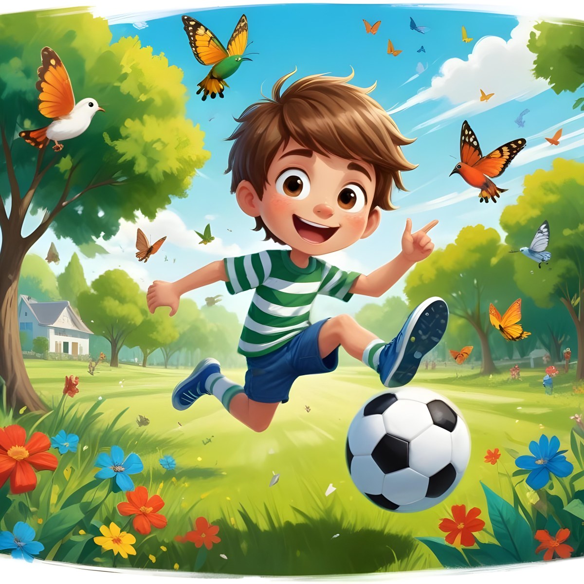 Digital Painting A Young Boy Around 6 Years Old With Light Skin And Brown Hair Wearing A Green And White Striped Shirt And Shorts Joyfully Running While Kicking A Black And White Soccer Ball The Ba 7 20fe