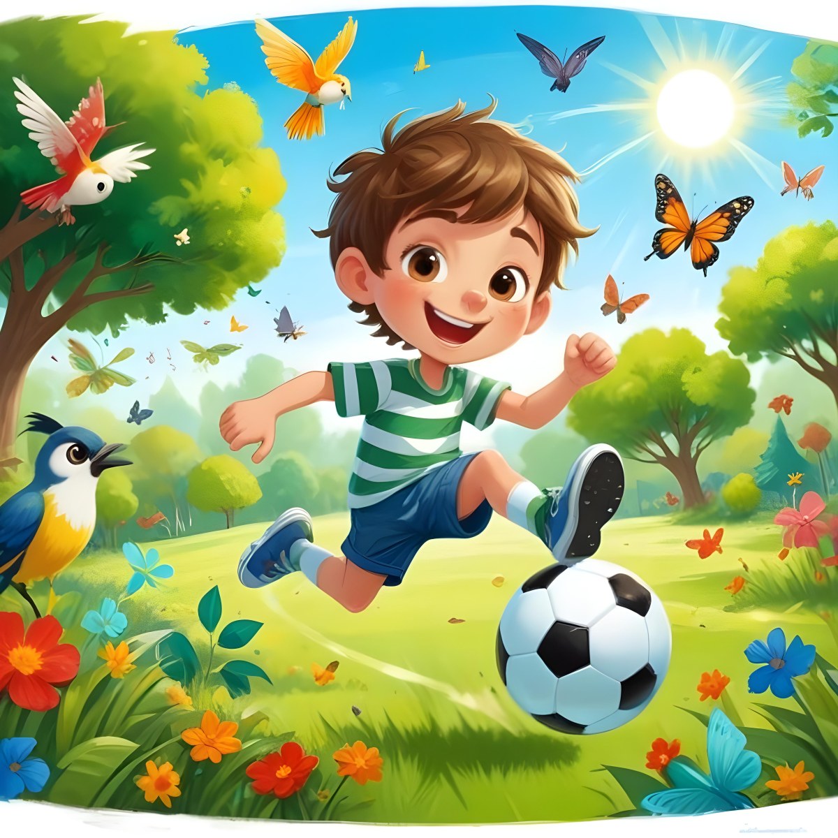 Digital Painting A Young Boy Around 6 Years Old With Light Skin And Brown Hair Wearing A Green And White Striped Shirt And Shorts Joyfully Running While Kicking A Black And White Soccer Ball The Ba 8 0704