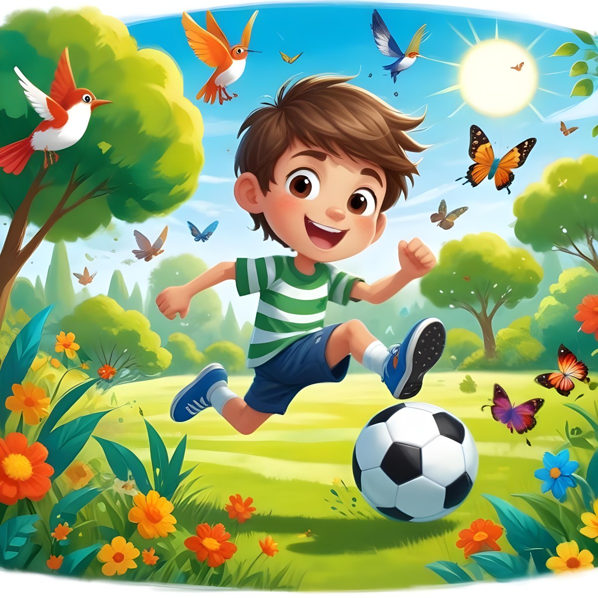 Digital Painting A Young Boy Around 6 Years Old With Light Skin And Brown Hair Wearing A Green And White Striped Shirt And Shorts Joyfully Running While Kicking A Black And White Soccer Ball The Ba 9 5588