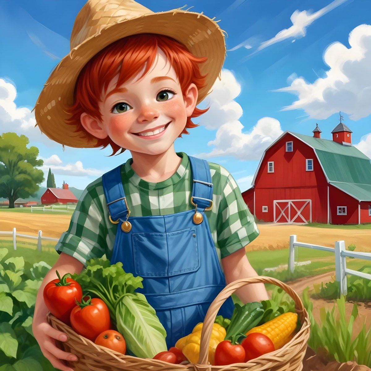 Digital Painting A Young Boy With Red Hair And Brown Eyes Around 8 Years Old Wearing A Green Checkered Shirt And Blue Overalls He Is Holding A Basket Filled With Vegetables Smiling And Tipping His Straw Hat The Ba 1 Bf94