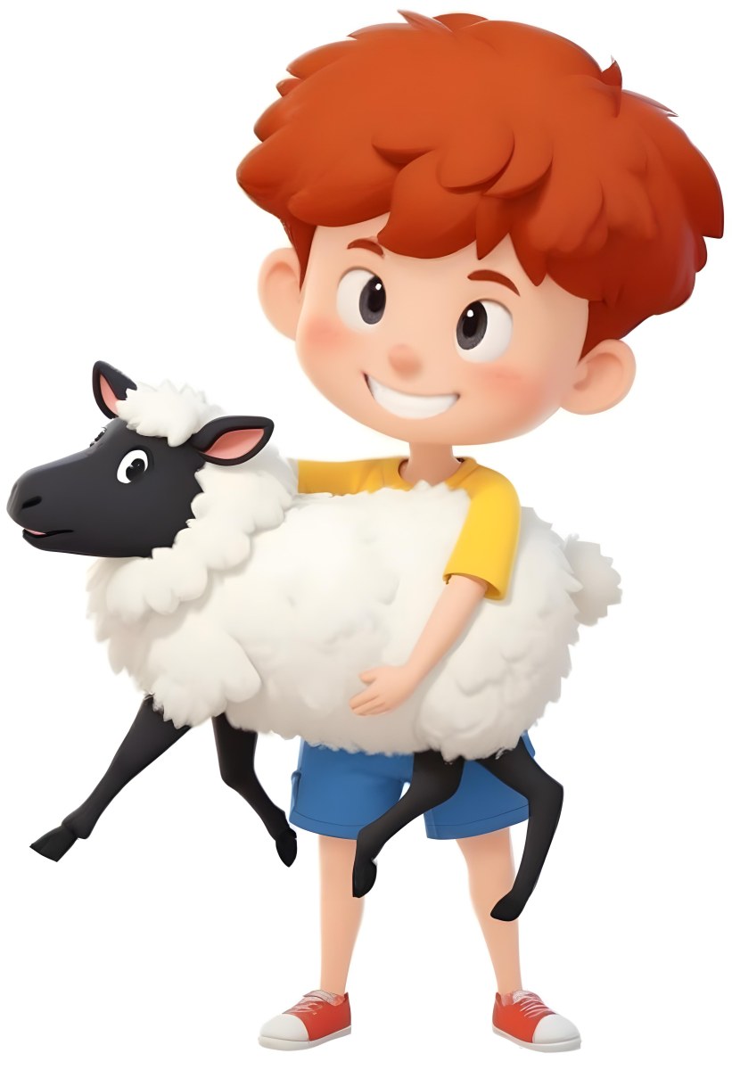 Digital Painting A Young Boy With Short Spiky Black Hair And A Big Smile Is Holding A Fluffy White Sheep With A Black Face The Boy Is Wearing A Blue T Shirt And Yellow Shorts The Background Is Plain White Bold And S 5 5579