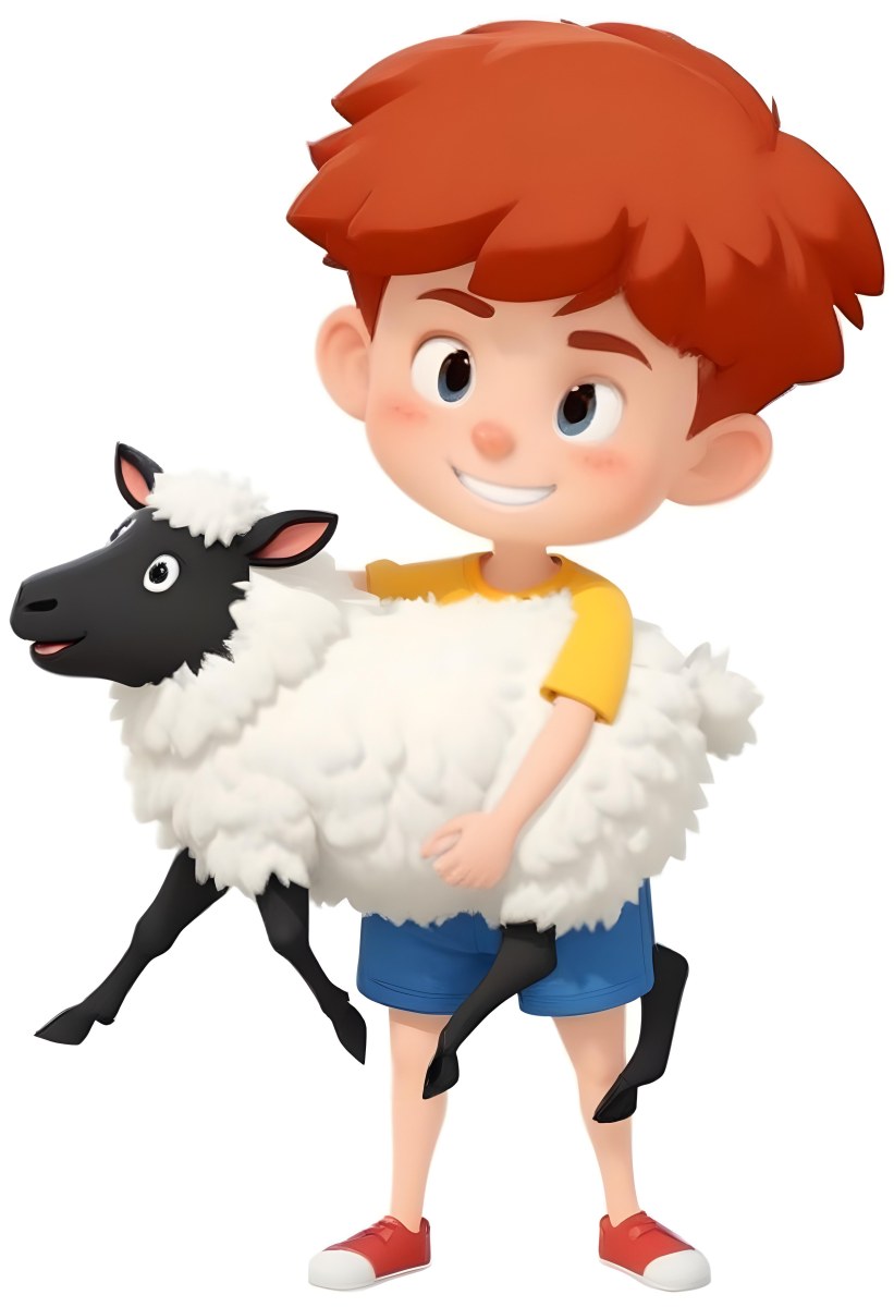 Digital Painting A Young Boy With Short Spiky Black Hair And A Big Smile Is Holding A Fluffy White Sheep With A Black Face The Boy Is Wearing A Blue T Shirt And Yellow Shorts The Background Is Plain White Bold And S 6 04fb