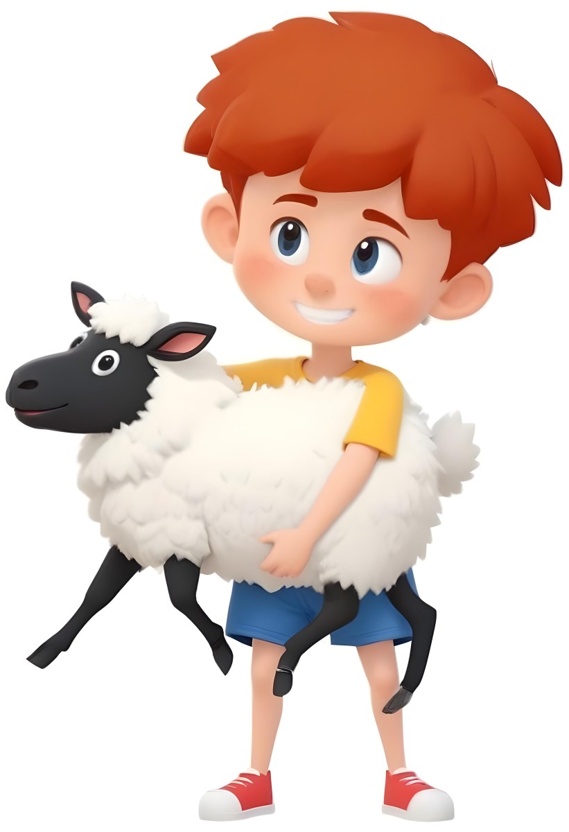 Digital Painting A Young Boy With Short Spiky Black Hair And A Big Smile Is Holding A Fluffy White Sheep With A Black Face The Boy Is Wearing A Blue T Shirt And Yellow Shorts The Background Is Plain White Bold And S 7 319c