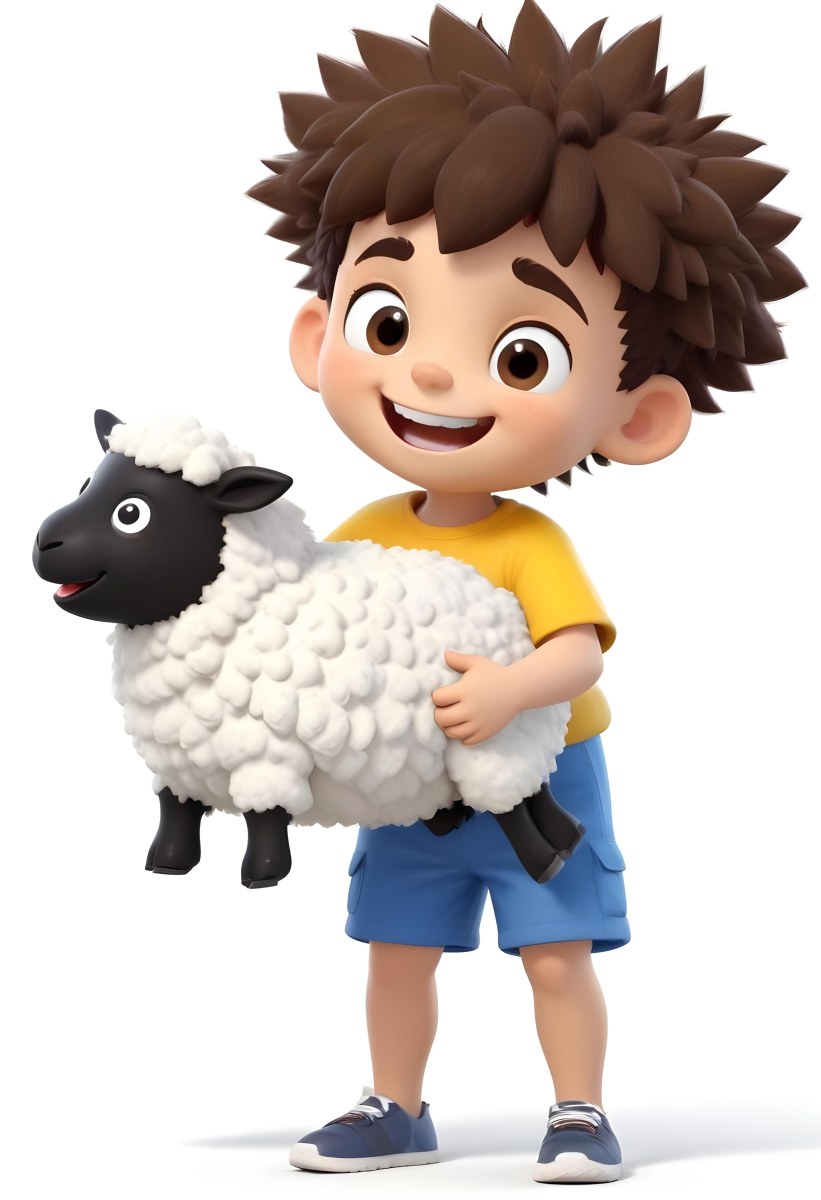 Digital Painting A Young Boy With Short Spiky Black Hair And A Big Smile Is Holding A Fluffy White Sheep With A Black Face The Boy Is Wearing A Blue T Shirt And Yellow Shorts The Background Is Plain White Bold And S 8 13c8