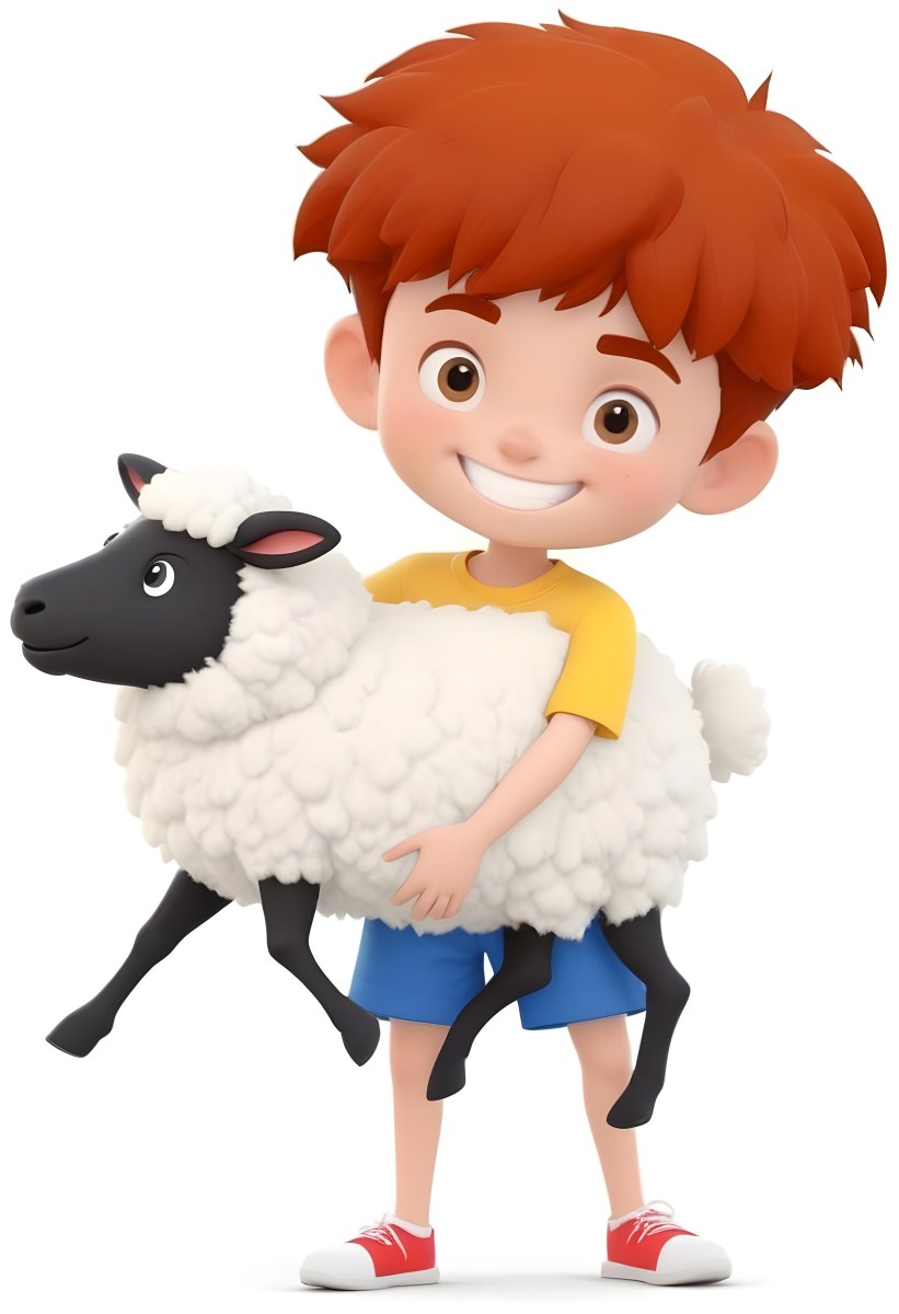 Digital Painting A Young Boy With Short Spiky Black Hair And A Big Smile Is Holding A Fluffy White Sheep With A Black Face The Boy Is Wearing A Blue T Shirt And Yellow Shorts The Background Is Plain White Bold And S 9 3654