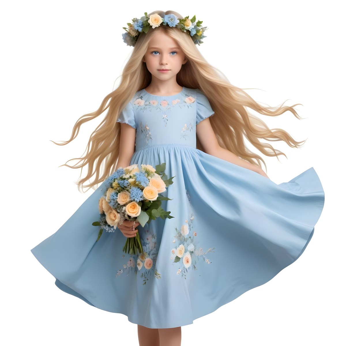 Digital Painting A Young Girl With Long Flowing Blonde Hair And Blue Eyes Wearing A Light Blue Dress Adorned With Floral Patterns She Holds A Bouquet Of Flowers And Wears A Floral Crown The Dress Has A Flared Skirt 12 4cdf