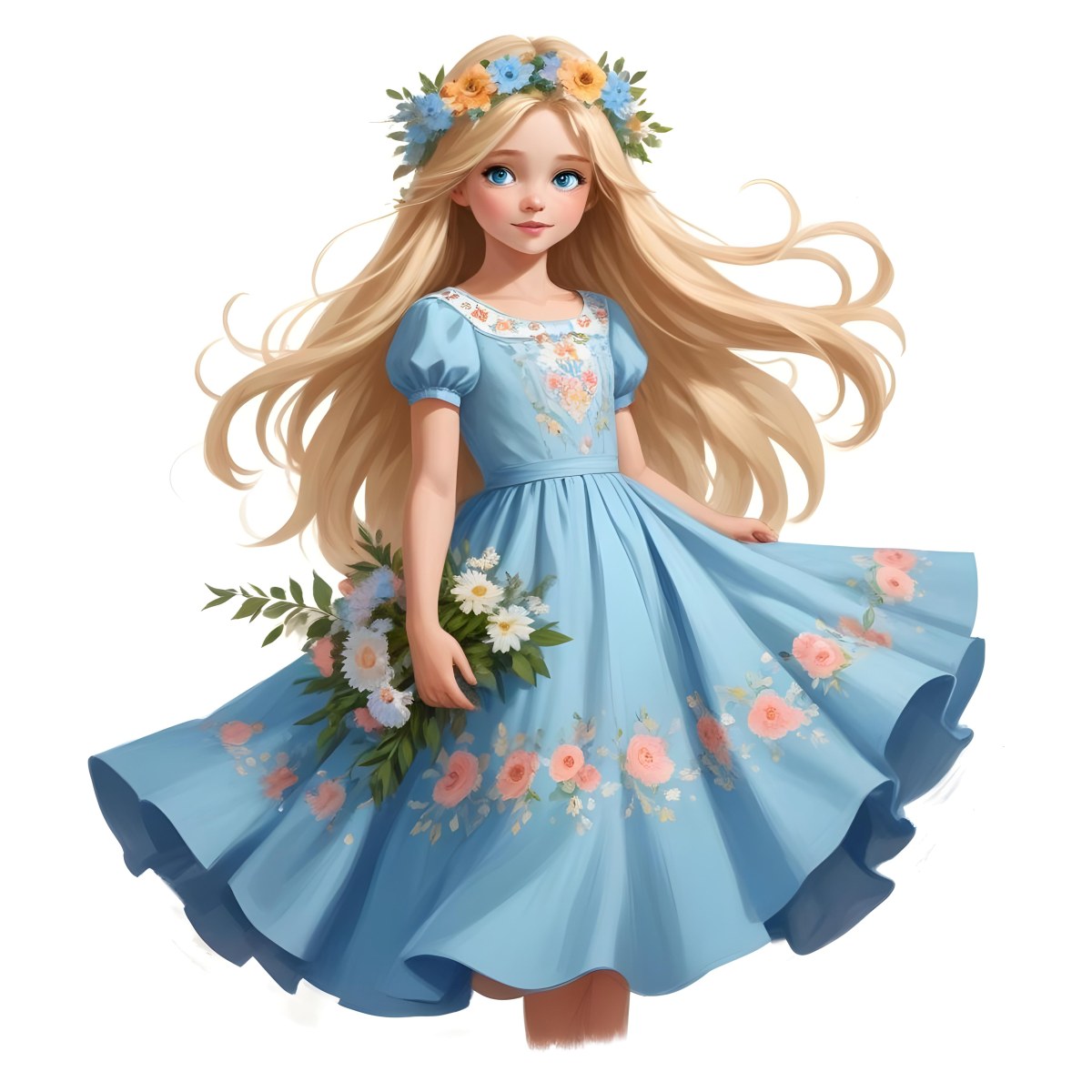 Digital Painting A Young Girl With Long Flowing Blonde Hair And Blue Eyes Wearing A Light Blue Dress Adorned With Floral Patterns She Holds A Bouquet Of Flowers And Wears A Floral Crown The Dress Has A Flared Skirt 18 4452