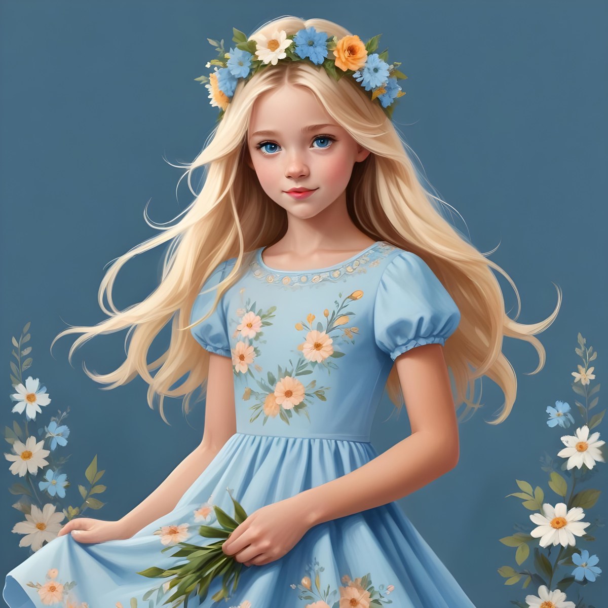 Digital Painting A Young Girl With Long Flowing Blonde Hair And Blue Eyes Wearing A Light Blue Dress Adorned With Floral Patterns She Holds A Bouquet Of Flowers And Wears A Floral Crown The Dress Has A Flared Skirt 19 947e