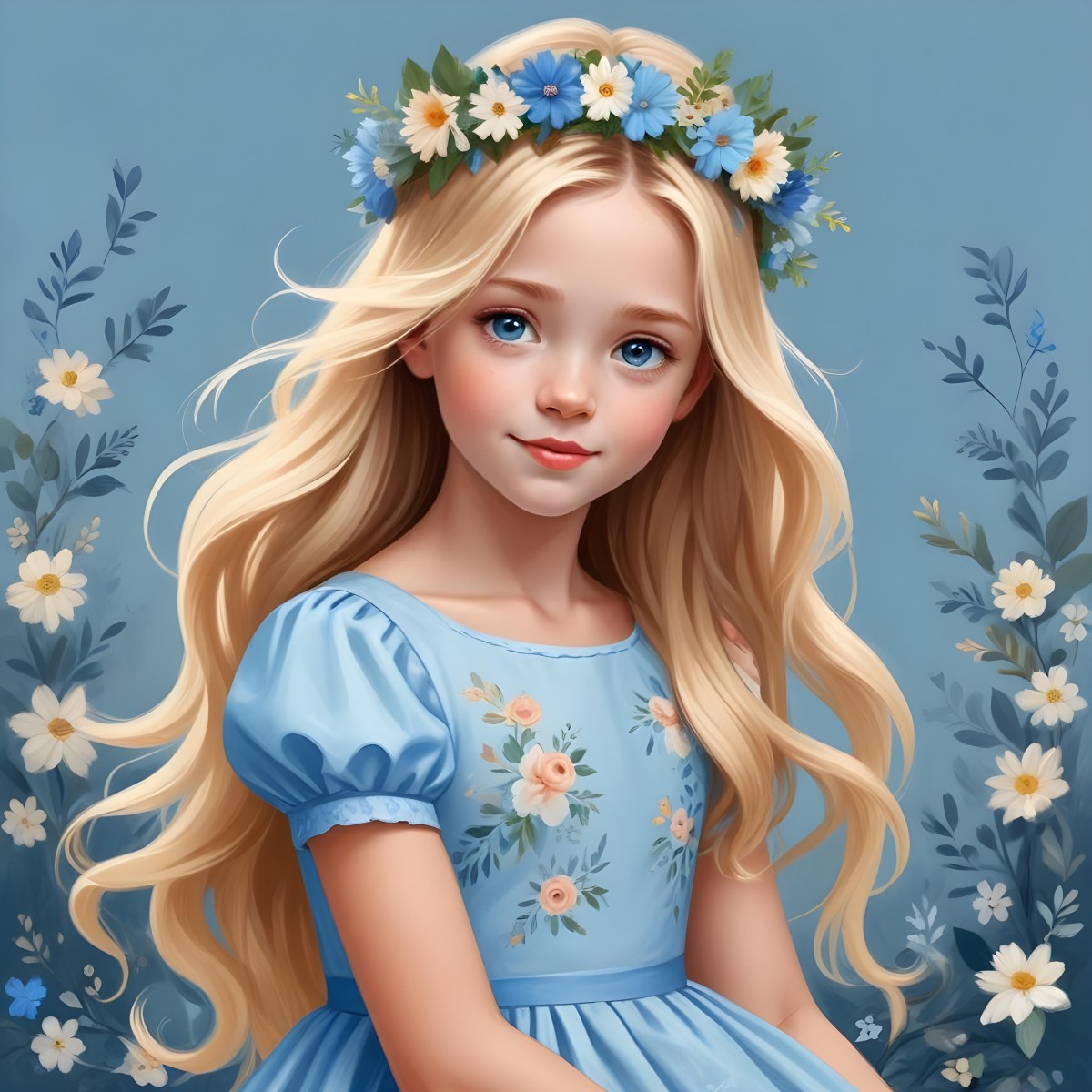 Digital Painting A Young Girl With Long Flowing Blonde Hair And Blue Eyes Wearing A Light Blue Dress Adorned With Floral Patterns She Holds A Bouquet Of Flowers And Wears A Floral Crown The Dress Has A Flared Skirt 28 A628
