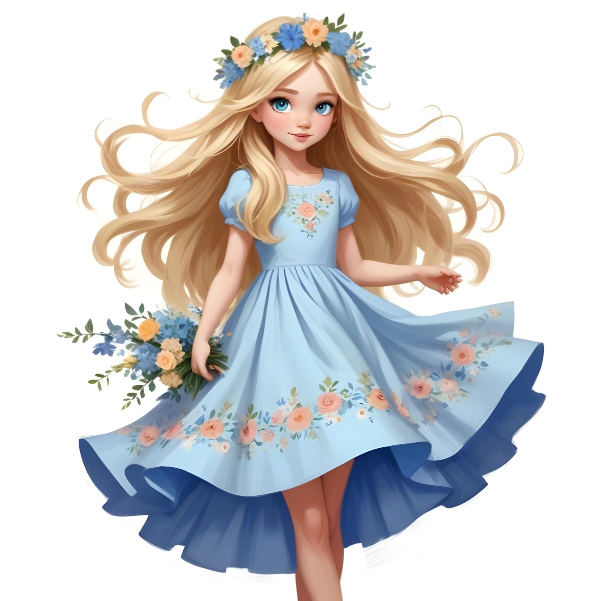 Digital Painting A Young Girl With Long Flowing Blonde Hair And Blue Eyes Wearing A Light Blue Dress Adorned With Floral Patterns She Holds A Bouquet Of Flowers And Wears A Floral Crown The Dress Has A Flared Skirt 29 40ba