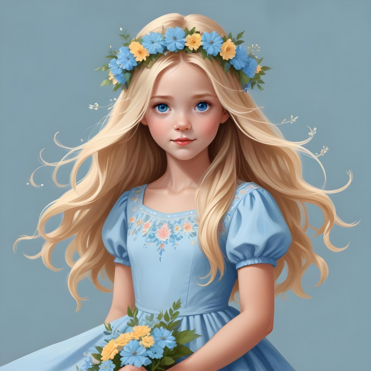 Digital Painting A Young Girl With Long Flowing Blonde Hair And Blue Eyes Wearing A Light Blue Dress Adorned With Floral Patterns She Holds A Bouquet Of Flowers And Wears A Floral Crown The Dress Has A Flared Skirt 31 Cb56