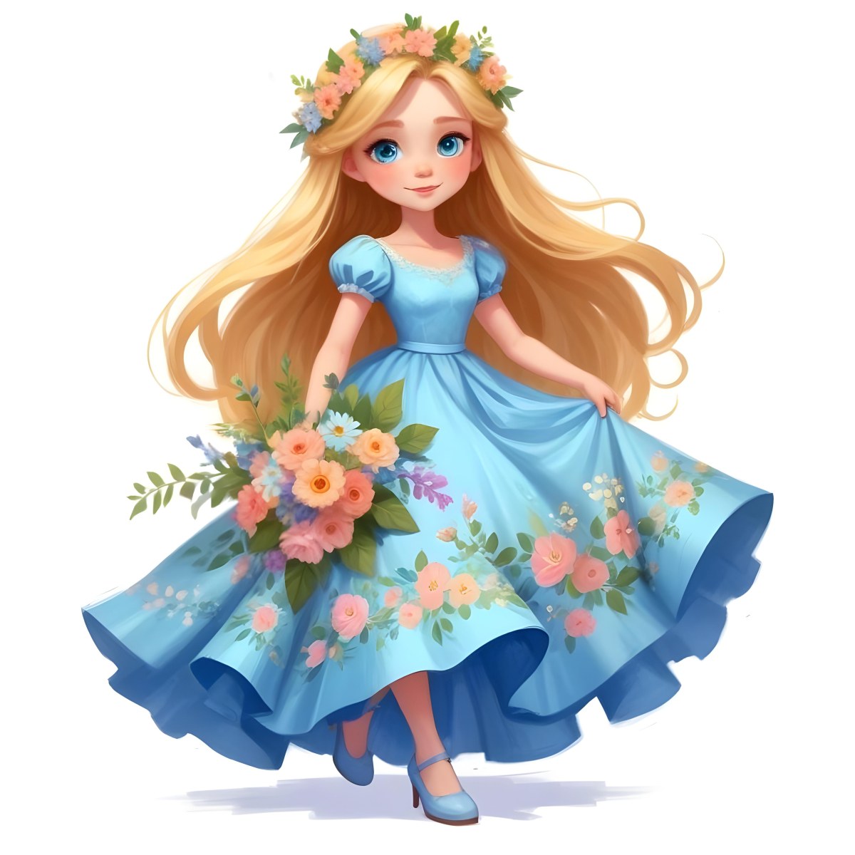 Digital Painting A Young Girl With Long Flowing Blonde Hair And Blue Eyes Wearing A Light Blue Dress Adorned With Floral Patterns She Holds A Bouquet Of Flowers And Wears A Floral Crown The Dress Has A Flared Skirt 40 44f1