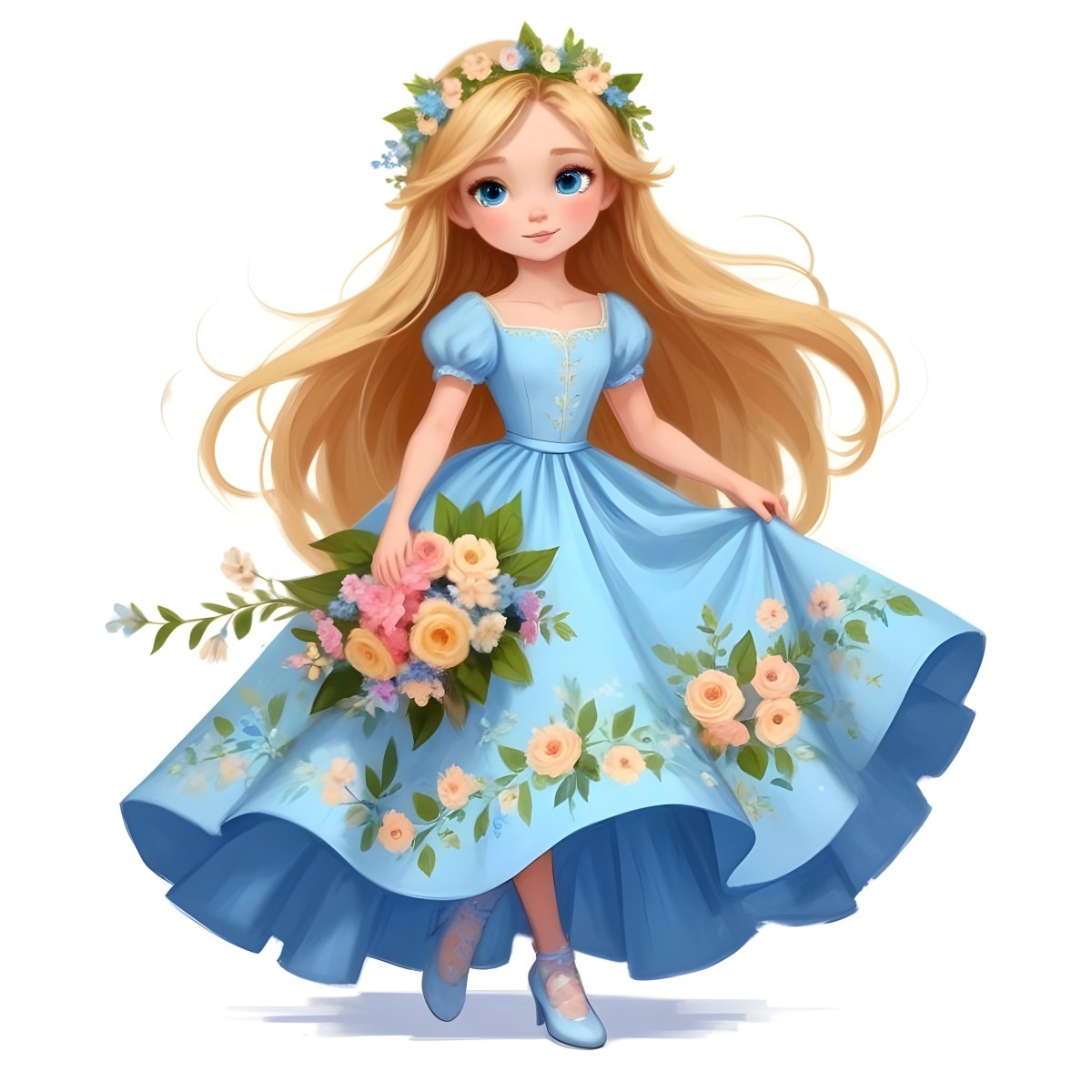 Digital Painting A Young Girl With Long Flowing Blonde Hair And Blue Eyes Wearing A Light Blue Dress Adorned With Floral Patterns She Holds A Bouquet Of Flowers And Wears A Floral Crown The Dress Has A Flared Skirt 46 176c