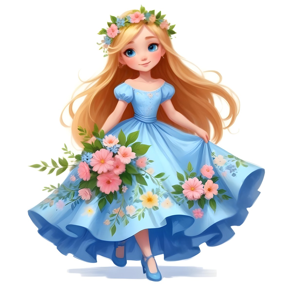 Digital Painting A Young Girl With Long Flowing Blonde Hair And Blue Eyes Wearing A Light Blue Dress Adorned With Floral Patterns She Holds A Bouquet Of Flowers And Wears A Floral Crown The Dress Has A Flared Skirt 49 Ef2f