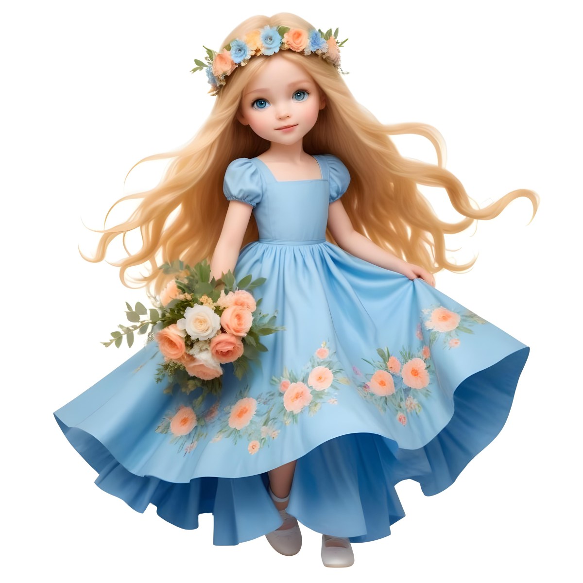 Digital Painting A Young Girl With Long Flowing Blonde Hair And Blue Eyes Wearing A Light Blue Dress Adorned With Floral Patterns She Holds A Bouquet Of Flowers And Wears A Floral Crown The Dress Has A Flared Skirt 5 8abc
