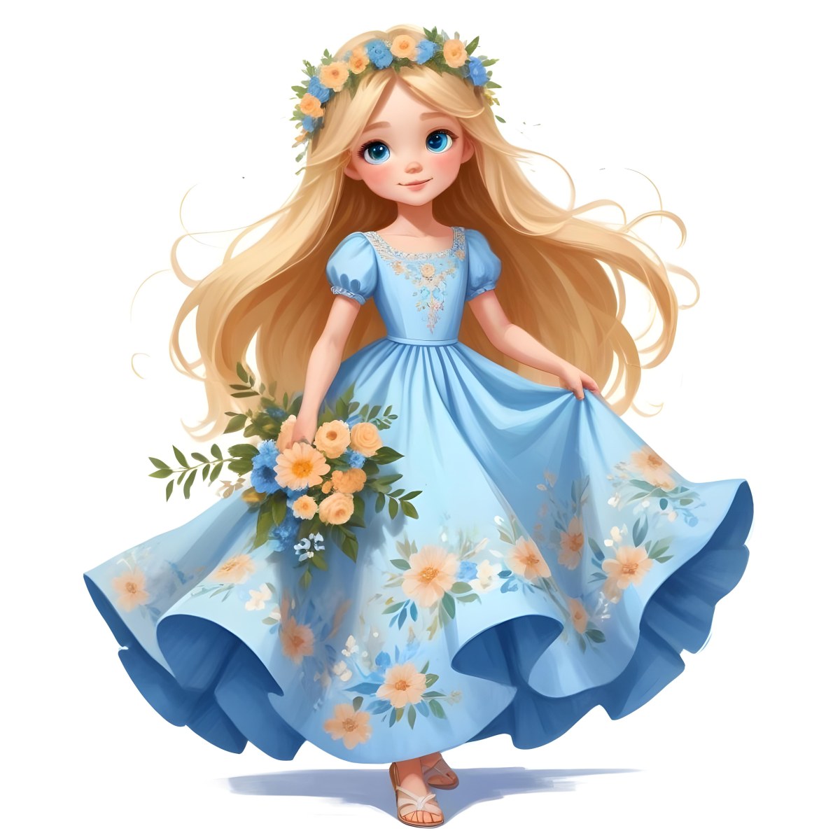 Digital Painting A Young Girl With Long Flowing Blonde Hair And Blue Eyes Wearing A Light Blue Dress Adorned With Floral Patterns She Holds A Bouquet Of Flowers And Wears A Floral Crown The Dress Has A Flared Skirt 50 Def5